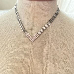 Panther link rhinestone chevron necklace silver tone